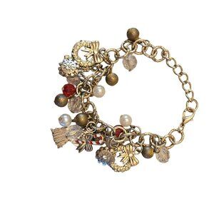 Vintage Gold-Tone  Christmas Charm Bracelet Festive Beads Crystals  Holiday Char